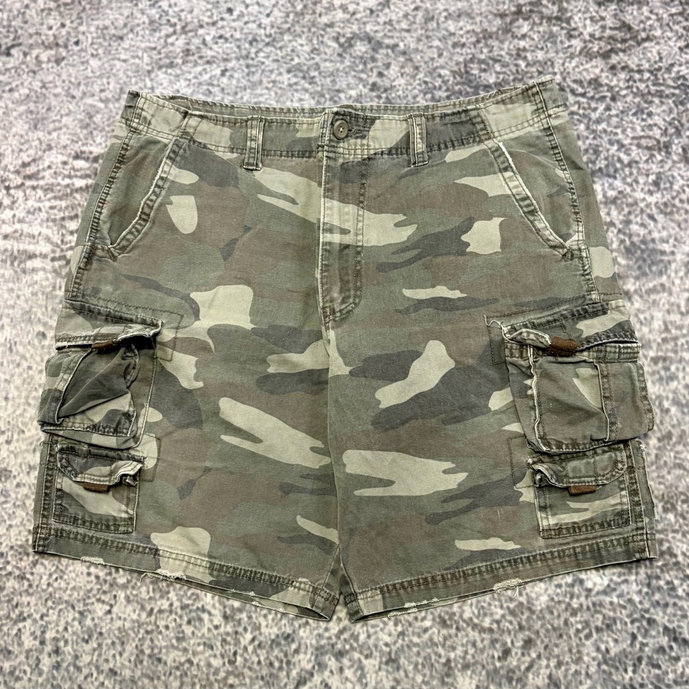 VTG Plugg Cargo Shorts Green Brown Camo Mens 38 Utility Outdoor Baggy Y2K